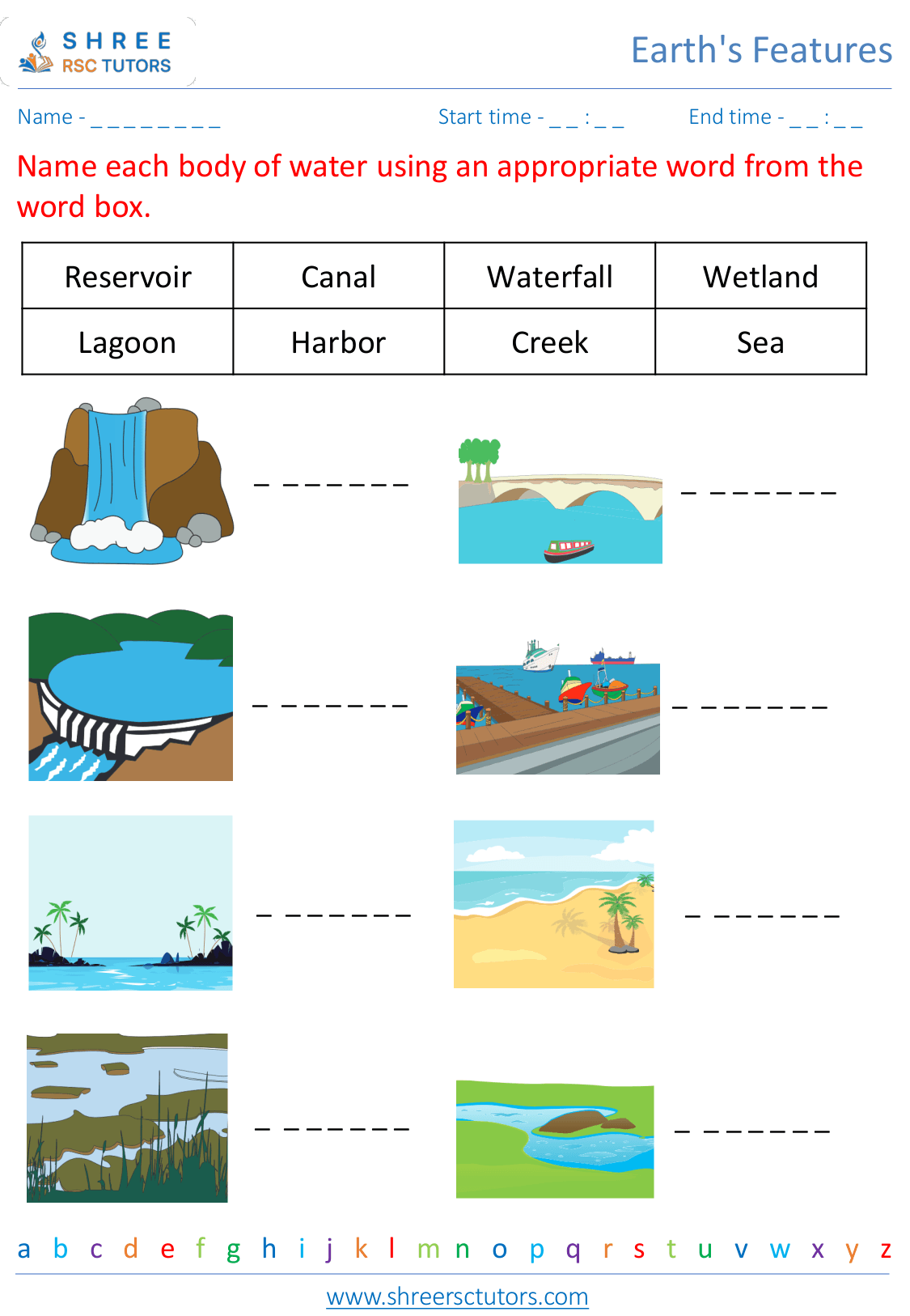 Identifying landforms and bodies of water worksheets for Grade 4